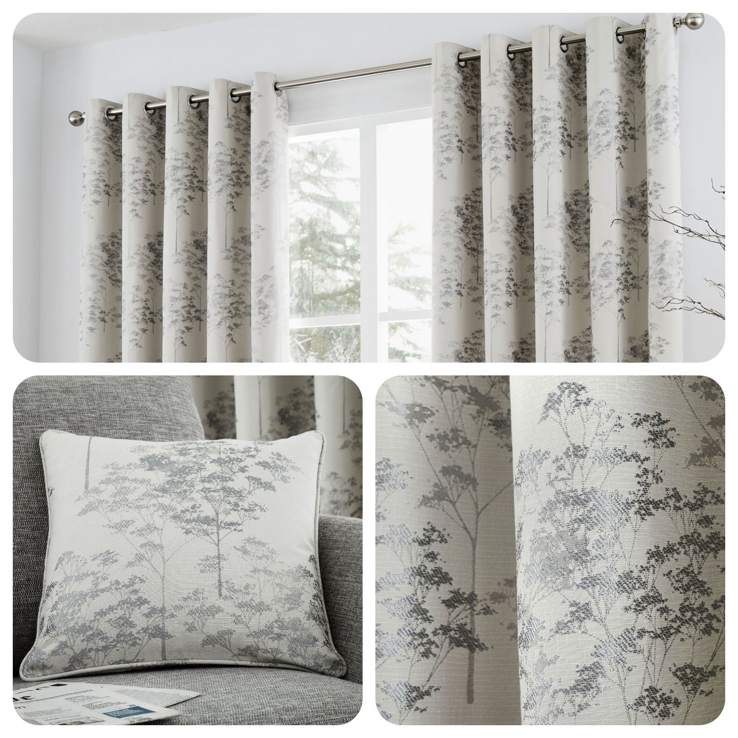 Curtina Elmwood Silver Metallic Jacquard Woven Eyelet Curtains Cushions Curtains