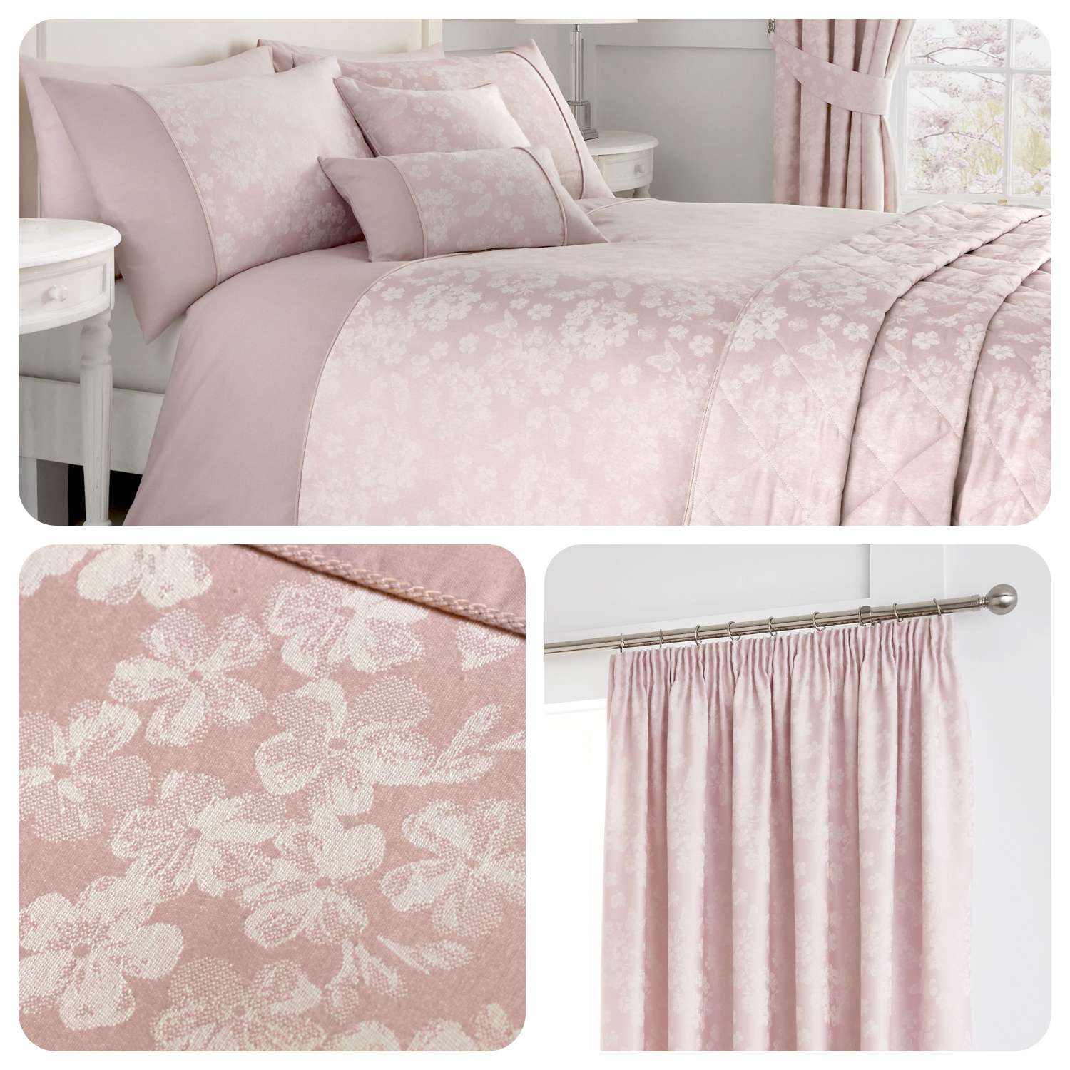 Serene Blossom Pink Floral Jacquard Matching Bedding Curtains