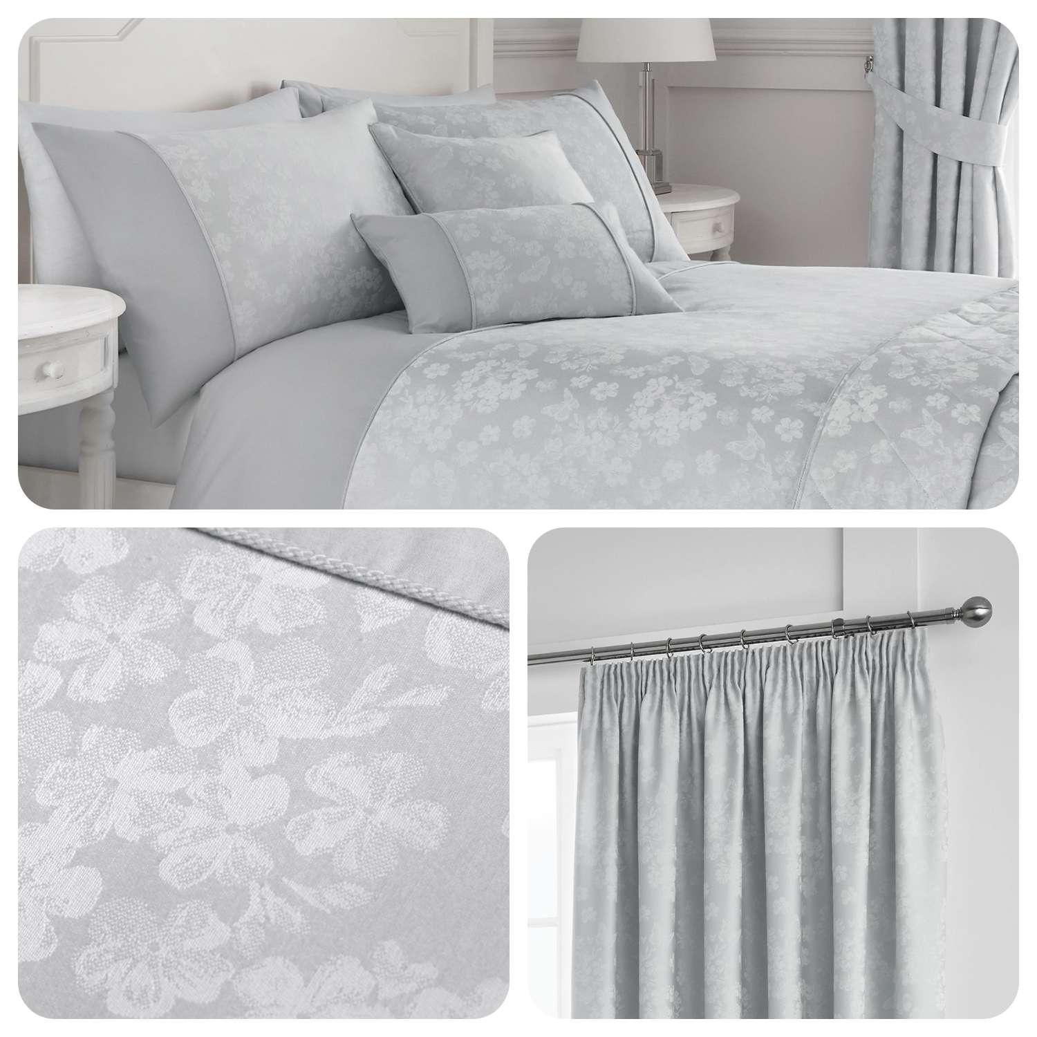 Serene Blossom Silver Floral Jacquard Matching Bedding Curtains