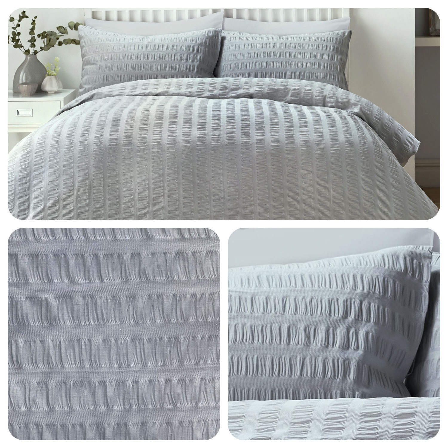 Serene Seersucker Grey Easy Care Duvet Cover Bedding Set Ebay